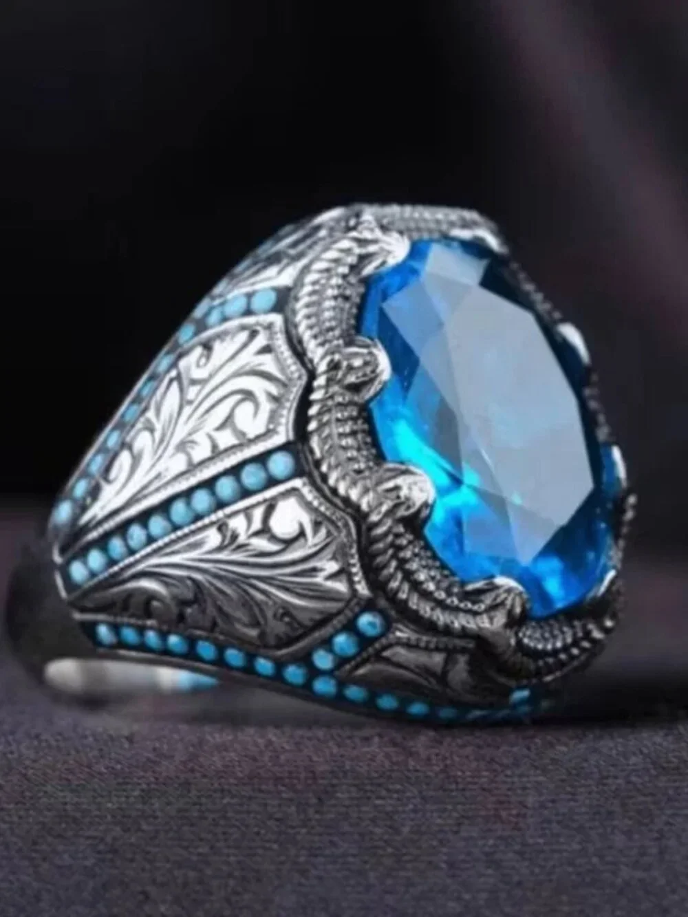 Turkish Style Men Ring Blue Crystal Centered Fashion Jewelry Size 10 New
